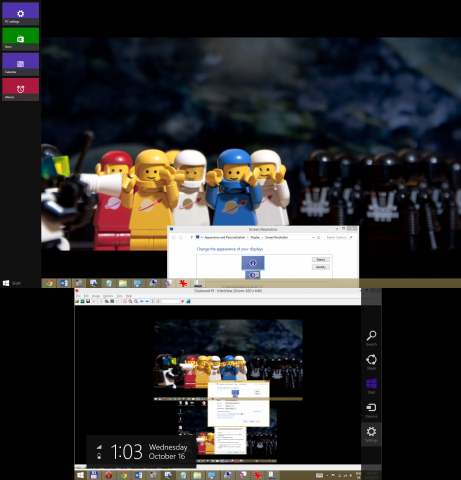Es gibt zwei Startknöpfe und Taskleisten. Nur die Tray Notification Area ist weiterhin auf den Primärbildschirm (unten) beschränkt. Charmes (unten rechts) und Windows-Tab (oben links) können wie gehabt auf beiden Bildschirmen verwendet werden. (Screenshot: Golem.de)