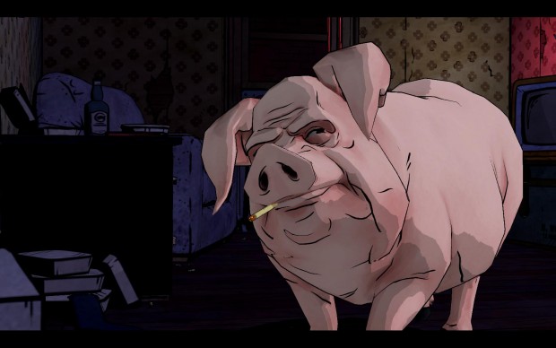 Colin, das sprechende und rauchende Schwein, ist ein Mitbewohner von Bigby Wolf.