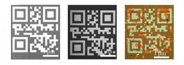 Links einer der kleinen QR-Codes im Originalzustand, in der Mitte nach zwei Stunden bei 613 Kelvin (340 Grad Celsius), rechts nach 2 Stunden bei 763 Kelvin (490 Grad Celsius) (Bild: Jeroen de Vries et al.)