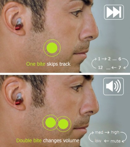 Werden die Ohrhörer getrennt, geben sie automatisch die Musik wieder. In den Stücken navigiert und die Lautstärke geändert wird durch Aufeinanderbeißen der Zähne. (Foto: Greenwing Audio)