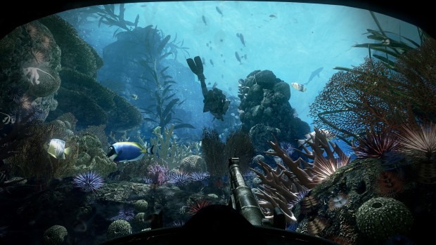 Eine der nervenaufreibendsten Missionen findet unter Wasser statt: Wir müssen Wasserbomben ausweichen, Taucher ausschalten und uns vor gefräßigen Haien in Schiffswracks retten. (Bild: Golem.de)