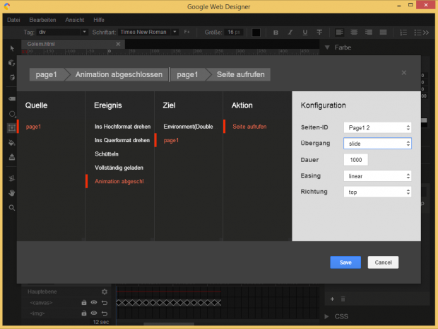 Ereigniserstellung per Assistent zum Einblenden der zweiten Seite nach Beendigung der Animation