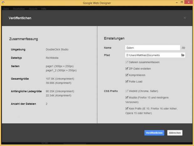 Die Anzeige der Dateigr&ouml;&szlig;en beim Ver&ouml;ffentlichen