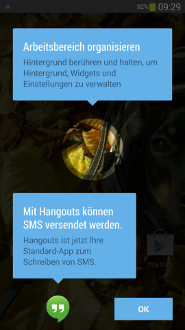 Bei der Einrichtung wird der Nutzer bereits auf die neue SMS-Funktion der Hangouts-App hingewiesen. (Screenshot: Golem.de)