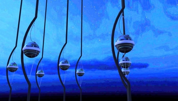 Künstlerische Darstellung der Glaskugeln unter dem Eis der Antarktis. In den Kugeln befinden sich sehr lichtempfindliche Sensoren. (Grafik: Jamie Yang, IceCube Collaboration)