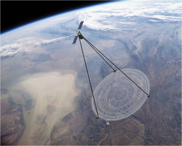 Frühe Konzeptzeichnung eines Satelliten mit einem solchen Teleskop (Bild: Darpa)
