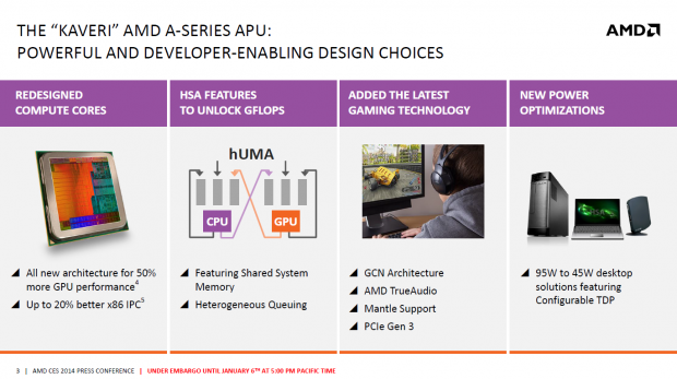 Kaveri bietet Huma, Heterogeneous Queuing, Trueaudio, Mantle und eine konfigurierbare TDP. (Bild: AMD)