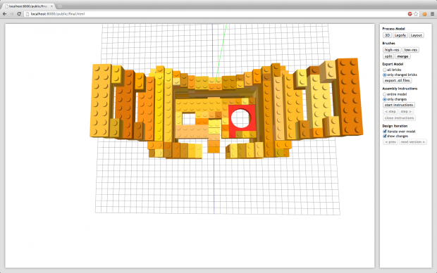 Einzelne Teile des Lego-Modells können am Bildschirm wieder ins Ursprungsmodell gewandelt werden.