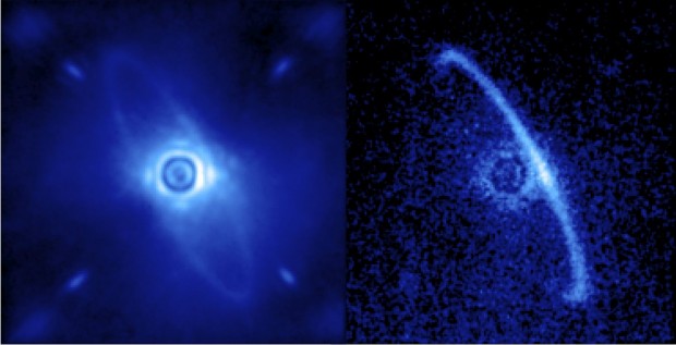 Staubscheibe um den jungen Stern HR4796A - links in normalem, rechts in polarisiertem Licht (Bild: Marshall Perrin/Space Telescope Science Institute)