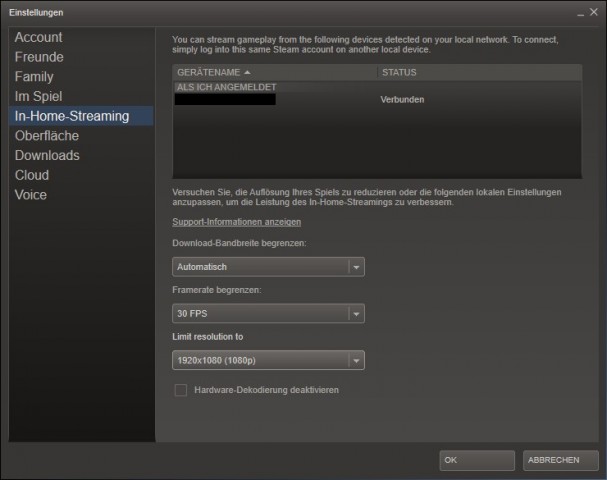 Das Optionsmenü für In-House Streaming. (Screenshot: Marc Sauter/Golem.de)