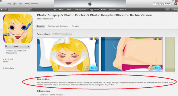 Die Beschreibung der App "Plastic Surgery & Plastic Doctor & Plastic Office for Barbie Version" im App Store (Bild: Apple)
