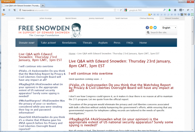 Edward Snowden im Livechat vom 23. Januar 2014 