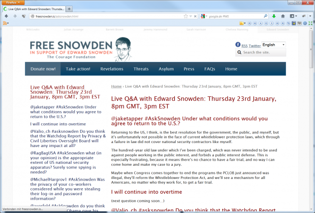 Edward Snowden im Livechat vom 23. Januar 2014 