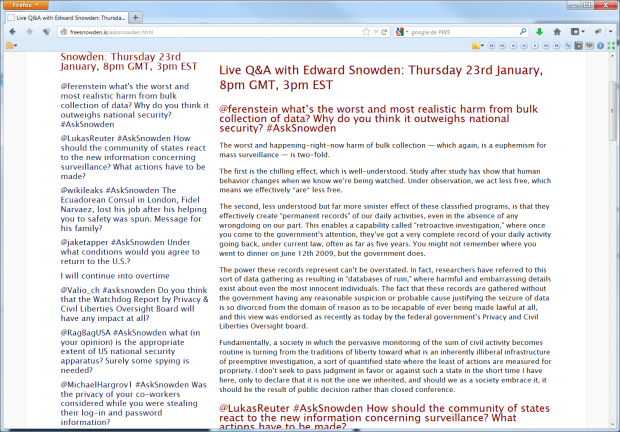 Edward Snowden im Livechat vom 23. Januar 2014 