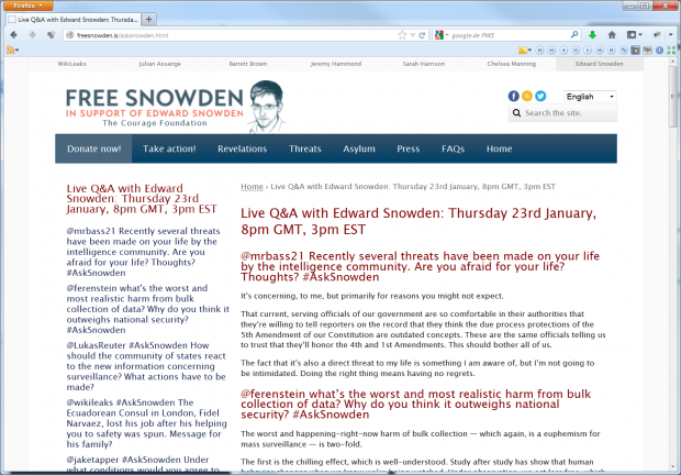 Edward Snowden im Livechat vom 23. Januar 2014 