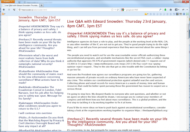 Edward Snowden im Livechat vom 23. Januar 2014