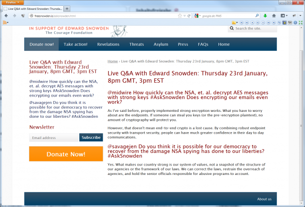 Edward Snowden im Livechat vom 23. Januar 2014
