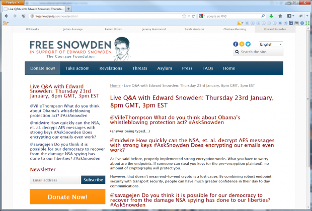 Edward Snowden im Livechat vom 23. Januar 2014 