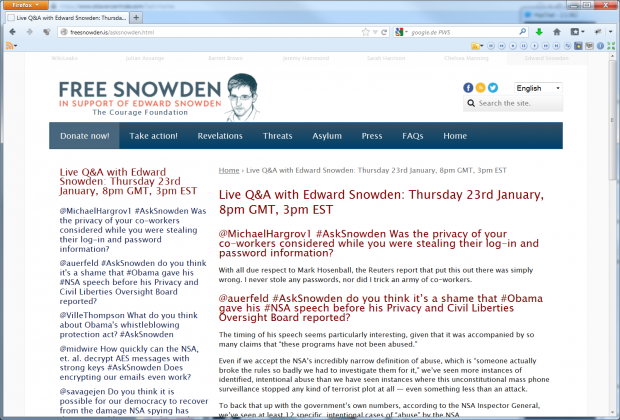 Edward Snowden im Livechat vom 23. Januar 2014 