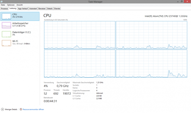 Der Atom Z3740 bietet sparsame vier Silvermont-Kerne. (Screenshot: Marc Sauter/Golem.de)