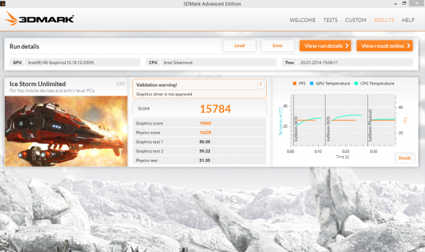 Die Grafikleistung und Integer-Geschwindigkeit des Z3740 ähneln einem A7 oder Tegra 4. (Screenshot: Marc Sauter/Golem.de)