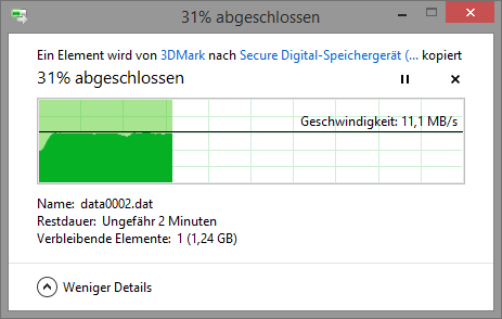 Der Cardreader schreibt selbst große Dateien nur mit langweiligen 11 MByte pro Sekunde. (Screenshot: Marc Sauter/Golem.de)