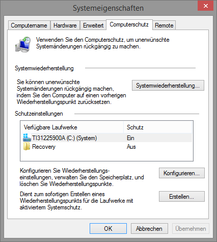 Toshiba hat die Systemwiederherstellung aktiviert, diese belegt jedoch 6 GByte eMMC-Speicherplatz. (Screenshot: Marc Sauter/Golem.de)