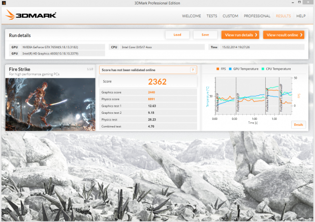 Einzelergebnisse des 3DMark Fire Strike.