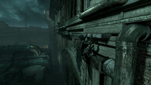 Bei gr&ouml;&szlig;eren Kletterpartien wechselt Thief in eine Schulterperspektive. (Screenshot: Marc Sauter/Golem.de)