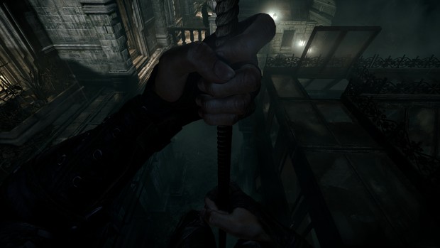 Mit Seilen erreicht Garret so D&auml;cher wie das dieses Hauses. (Screenshot: Marc Sauter/Golem.de)