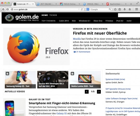 Firefox 29 Beta mit neuen Tabs (Bild: Golem.de)