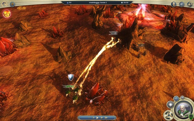 Auf einem Vulkan greift unsere Magierin per Flammenzauber an. (Screenshot: Golem.de)