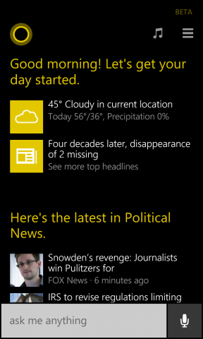 Cortana zeigt je nach gewählten Interessen ausgewählte Nachrichten und das Wetter an. (Screenshot: Tobias Költzsch/Golem.de)