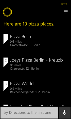 Spracheingaben versteht Cortana sehr gut, hier fragten wir nach eine Pizzeria in der Nähe. (Screenshot: Tobias Költzsch/Golem.de)