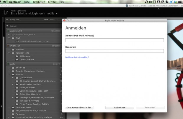 Um Lightroom Mobile mit der Desktop-Version zu synchronisieren, muss auch dort auf die aktuelle Version 5.4 aktualisiert werden. Anschließend kann man sich mit seiner AdobeID anmelden. (Screenshot: Petra Vogt)