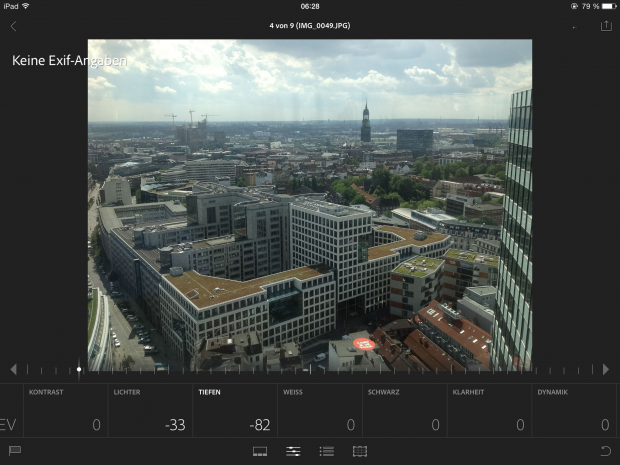 Die Bildbearbeitungsmöglichkeiten sind wie von Lightroom für den Desktop gewohnt umfangreich und reichen vom Weißabgleich über die Belichtungskorrektur bis hin zur selektiven Anpassung von Tiefen und Lichtern. (Screenshot und Foto: Petra Vogt)
