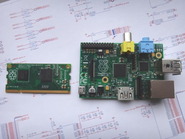 Das Raspberry Pi Compute Module und Raspberry Pi Model B im Größenvergleich (Foto: http://www.raspberrypi.org/CC BY-SA)