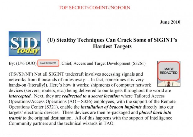 Das Dokument beschreibt das Vorgehen der NSA beim Abfangen von Geräten. 