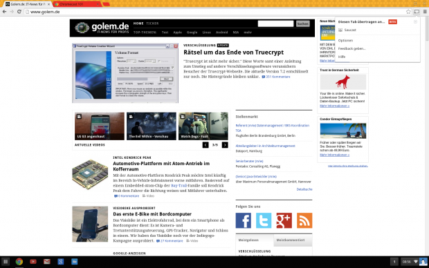Über ein Symbol oben rechts im Browser lässt sich die aktive Webseite auf den Chromecast übertragen.