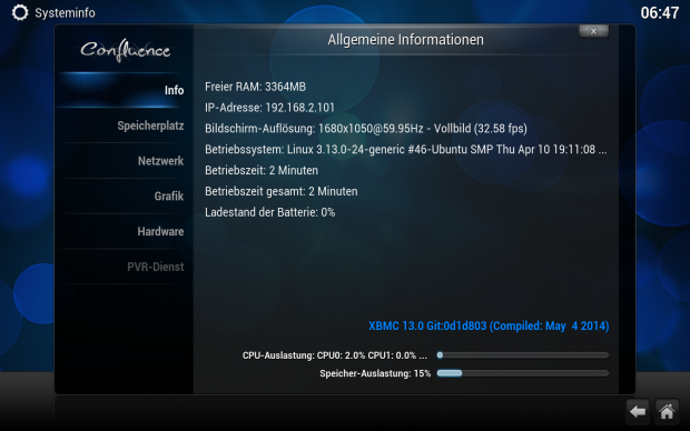 Die Systeminformationen in XBMC 13  (Screenshot: Golem.de)