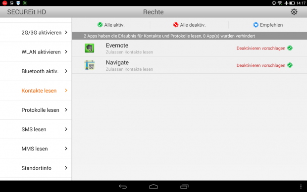 Umfangreiches Rechtemanagement f&uuml;r Android-Apps in der Lenovo-App Secure It HD (Screenshot: Golem.de)