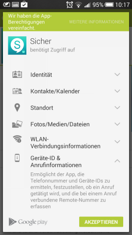 Sicher benötigt unter Android Berechtigungen, um auf die Daten des Nutzers zugreifen zu können - unter anderem auf die Geräte-ID. (Screenshot: Golem.de)