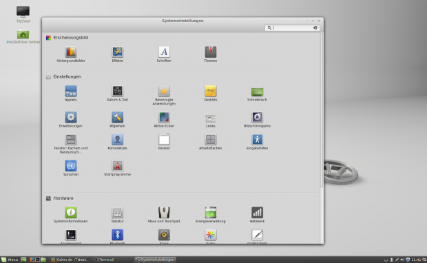 Das Layout der Systemeinstellungen des Cinnamon-Desktops ist übersichtlich.