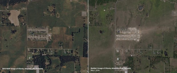 Für die Katastrophenhilfe sind die Bilder ebenfalls von Bedeutung - diese zeigen eine Ortschaft im US-Bundesstaat Arkansas vor und nach dem Durchzug eines Tornados. (Foto: Skybox Imaging)