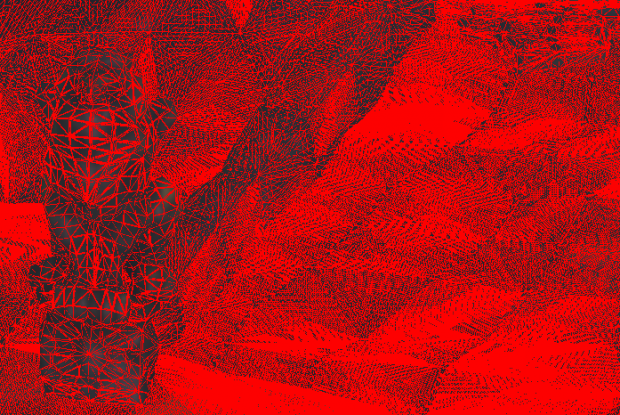 Drahtgitter in Stone Giant bei 15K: Die starke Tesselation macht auch entfernte Objekte (rechts) detailreicher. (Bilder: Joachim Otahal)