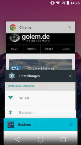 Android L mit neu gestalteteter Übersicht der zuletzt aufgerufenen Apps (Screenshot: Golem.de)