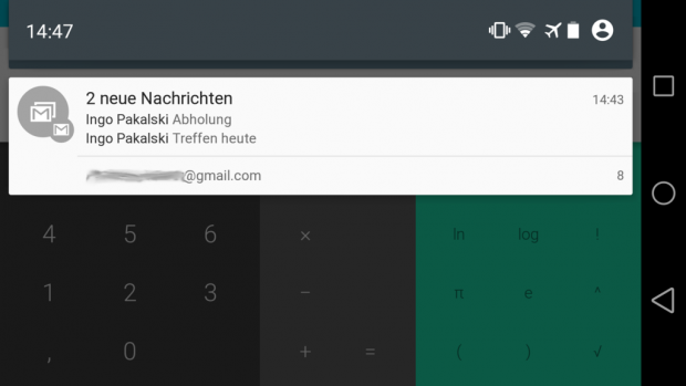 Geöffneter Benachrichtigungsbereich von Android L im Querformat auf einem Nexus 5 (Screenshot: Golem.de)