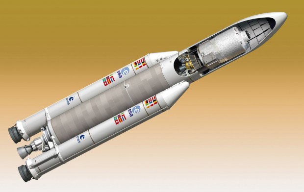 Eine Ariane-5-Trägerrakete bringt das ATV in den Orbit.  (Grafik: D.Ducros/Esa)