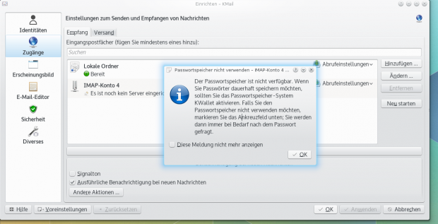 Kmail kann noch nicht auf den Passwortspeicher zugreifen. (Bild: KDE / Screenshot Golem.de)