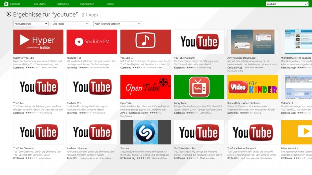 Eine Suche nach Youtube zeigt im Windows Store viele Apps, die das Original-Youtube-Logo verwenden. (Bild: Golem.de)